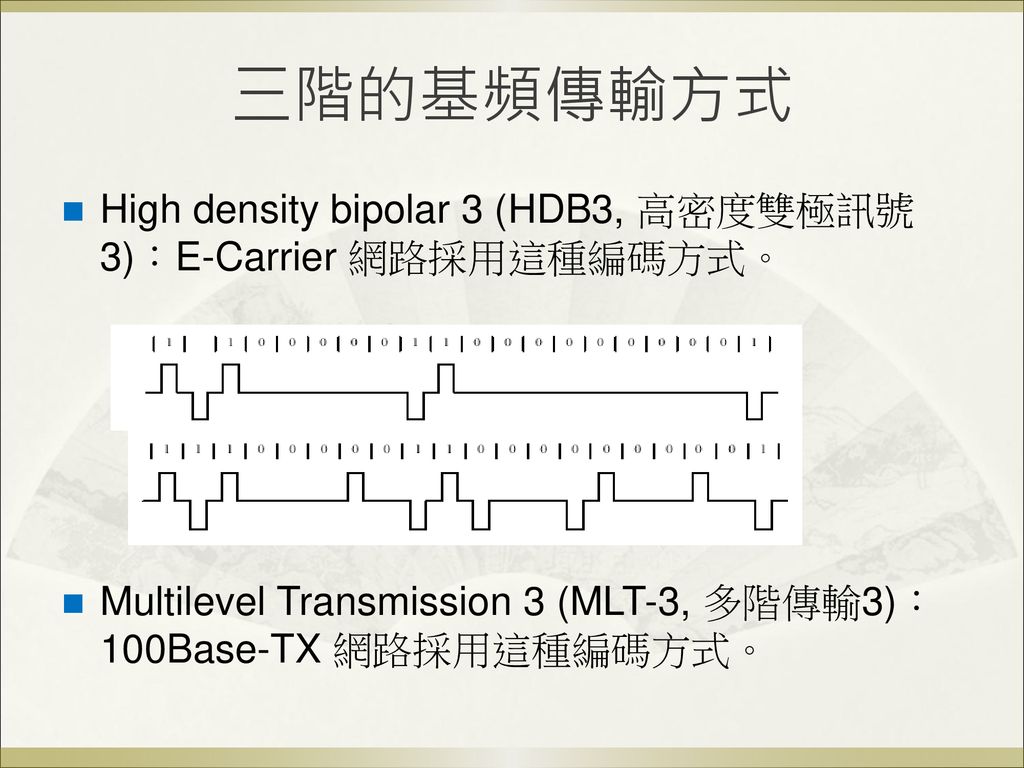 三階的基頻傳輸方式 High density bipolar 3 (HDB3, 高密度雙極訊號3)：E-Carrier 網路採用這種編碼方式。 Multilevel Transmission 3 (MLT-3, 多階傳輸3)：100Base-TX 網路採用這種編碼方式。