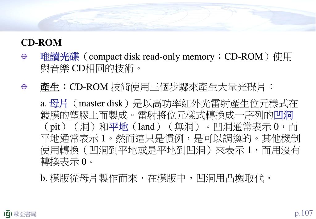 唯讀光碟（compact disk read-only memory；CD-ROM）使用與音樂 CD相同的技術。