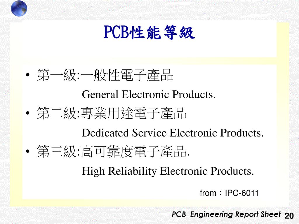 PCB性能等級 第一級:一般性電子產品 General Electronic Products. 第二級:專業用途電子產品