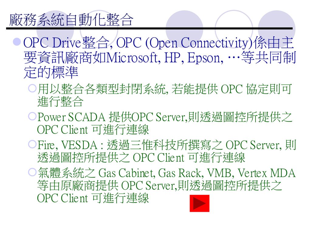 廠務系統自動化整合 OPC Drive整合, OPC (Open Connectivity)係由主要資訊廠商如Microsoft, HP, Epson, …等共同制定的標準. 用以整合各類型封閉系統, 若能提供 OPC 協定則可進行整合.