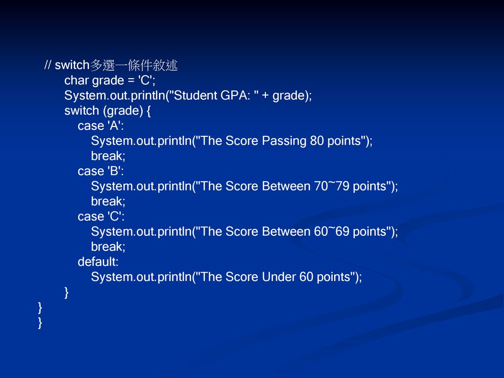 // switch多選一條件敘述 char grade = C ; System.out.println( Student GPA: + grade); switch (grade) { case A :