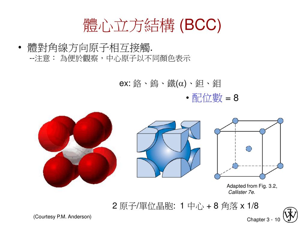 體心立方結構 (BCC) • 體對角線方向原子相互接觸. • 配位數 = 8 ex: 鉻、鎢、鐵()、鉭、鉬