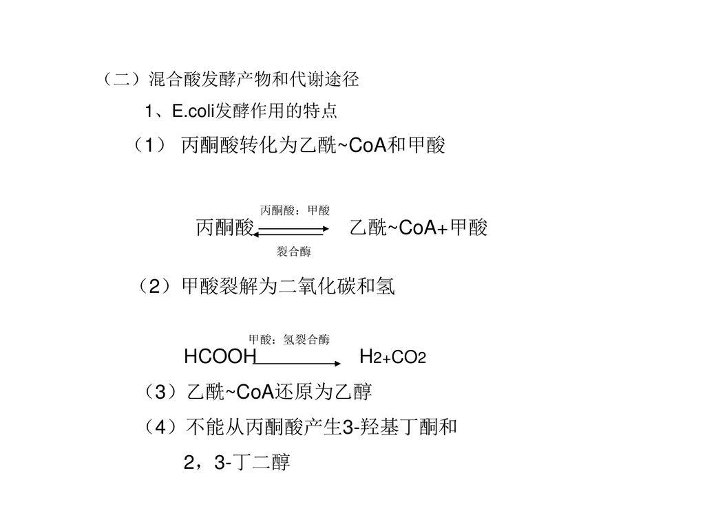 丙酮酸 乙酰~CoA+甲酸 HCOOH H2+CO2 （3）乙酰~CoA还原为乙醇 （4）不能从丙酮酸产生3-羟基丁酮和 2，3-丁二醇