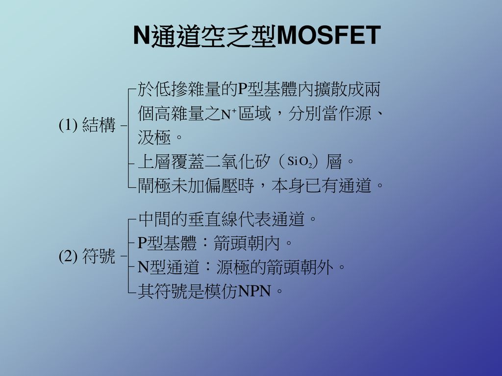 N通道空乏型MOSFET 於低摻雜量的P型基體內擴散成兩 個高雜量之 區域，分別當作源、 汲極。 (1) 結構 上層覆蓋二氧化矽（ ）層。