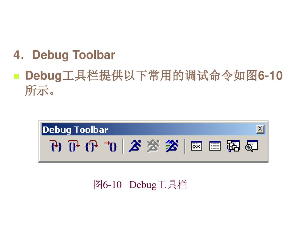 Debug工具栏提供以下常用的调试命令如图6-10所示。