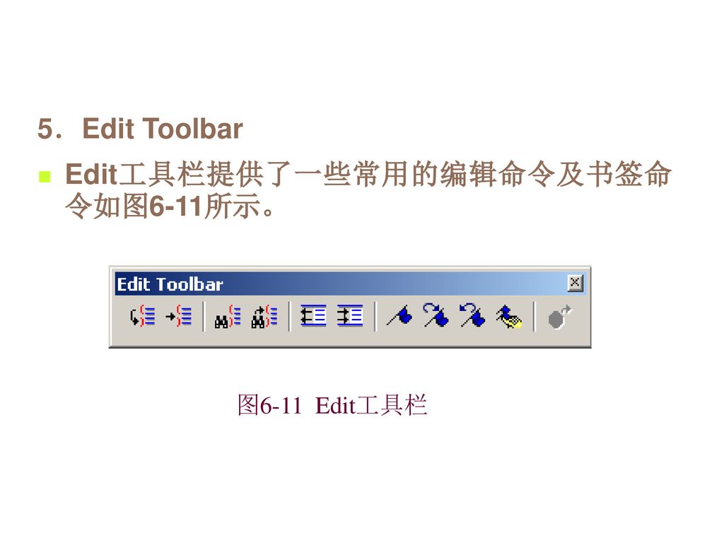 Edit工具栏提供了一些常用的编辑命令及书签命令如图6-11所示。