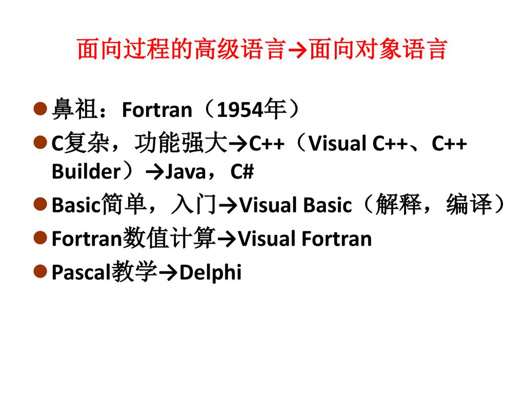面向过程的高级语言→面向对象语言 鼻祖：Fortran（1954年） C复杂，功能强大→C++（Visual C++、C++ Builder）→Java，C# Basic简单，入门→Visual Basic（解释，编译）
