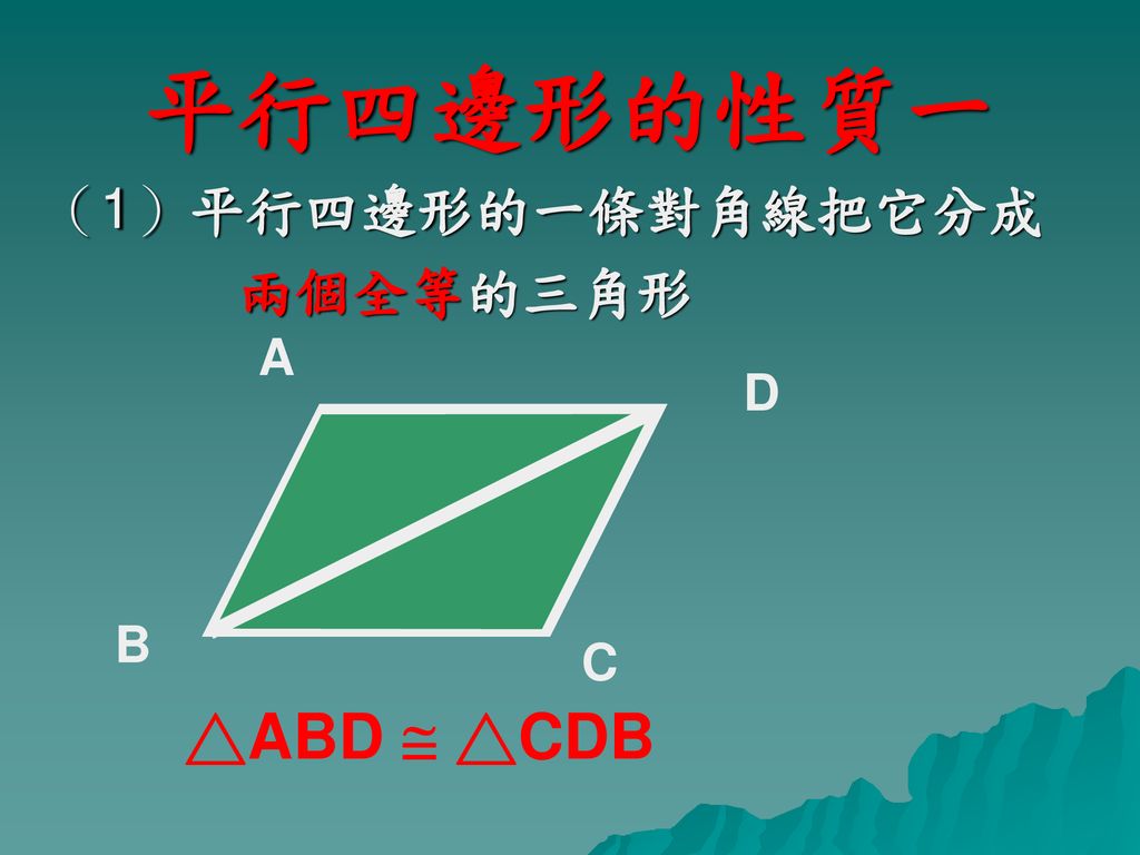 平行四邊形的性質一 （1）平行四邊形的一條對角線把它分成 兩個全等的三角形 A D B C △ABD  △CDB