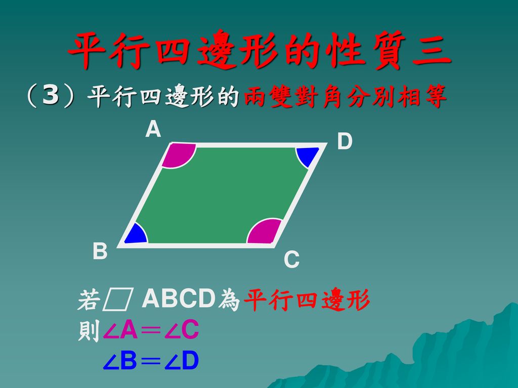 平行四邊形的性質三 （3）平行四邊形的兩雙對角分別相等 A D B C 若□ ABCD為平行四邊形 則∠A＝∠C ∠B＝∠D