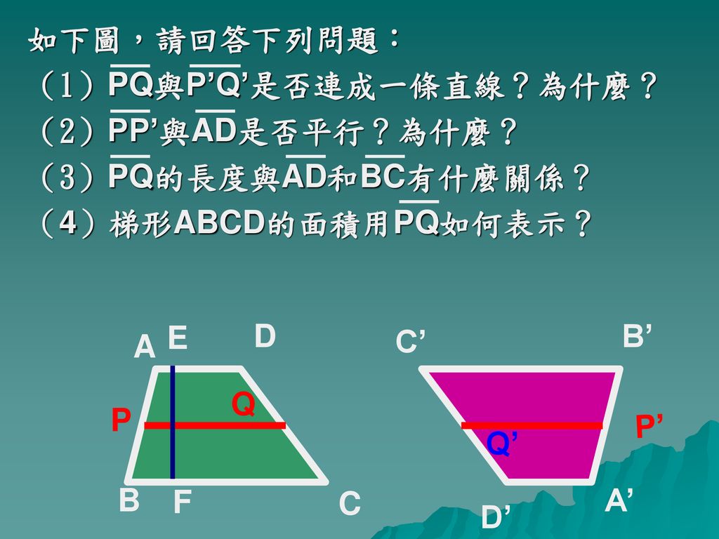如下圖，請回答下列問題： （1）PQ與P’Q’是否連成一條直線？為什麼？ （2）PP’與AD是否平行？為什麼？ （3）PQ的長度與AD和BC有什麼關係？ （4）梯形ABCD的面積用PQ如何表示？