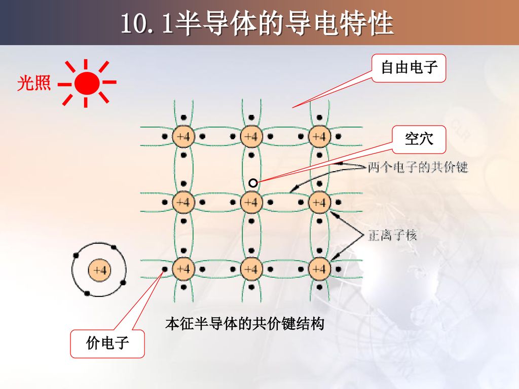 10.1半导体的导电特性 自由电子 光照 空穴 本征半导体的共价键结构 价电子