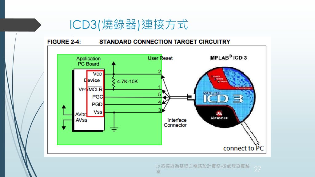 ICD3(燒錄器)連接方式 以微控器為基礎之電路設計實務-微處理器實驗室