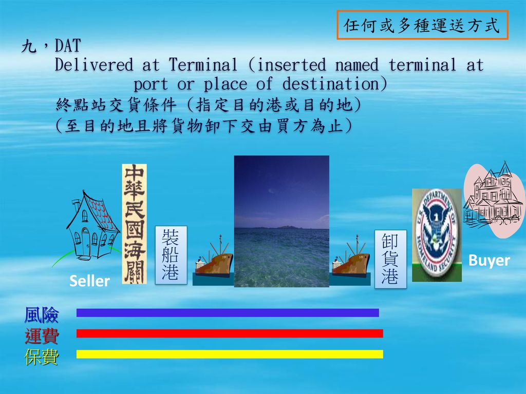 任何或多種運送方式 九，DAT. Delivered at Terminal (inserted named terminal at. port or place of destination)