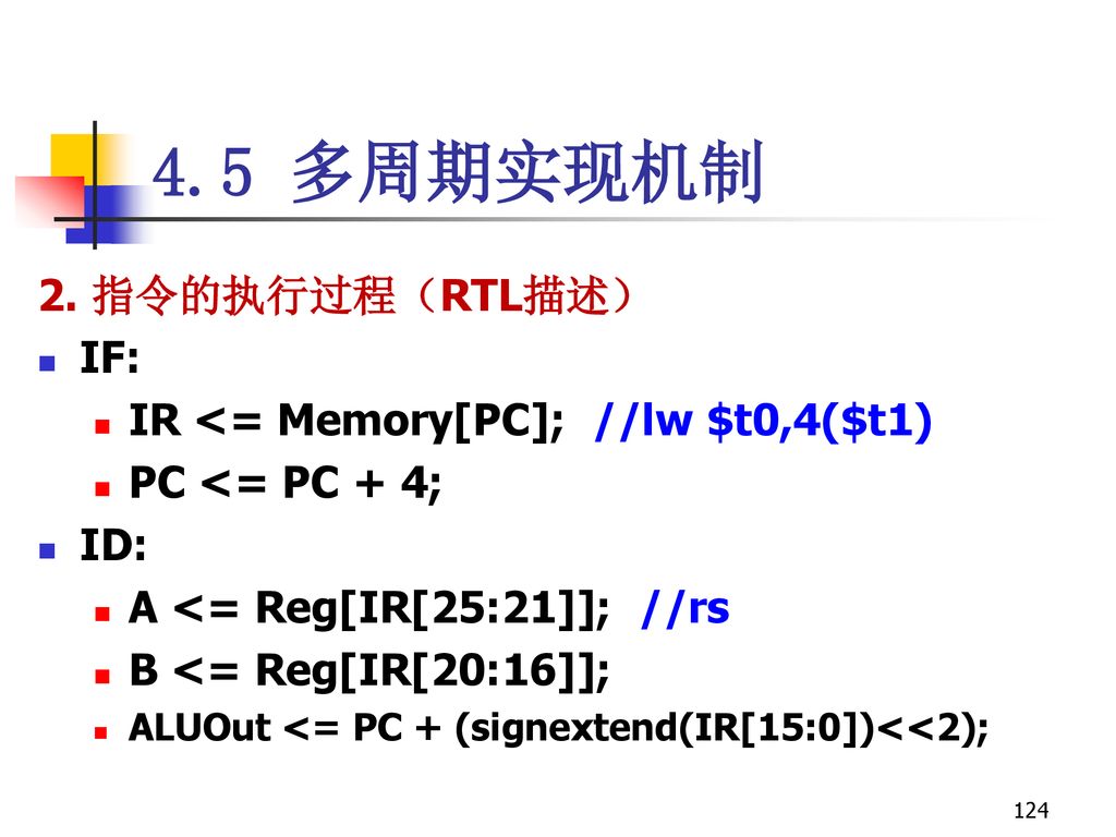 4.5 多周期实现机制 2. 指令的执行过程（RTL描述） IF: IR <= Memory[PC]; //lw $t0,4($t1)