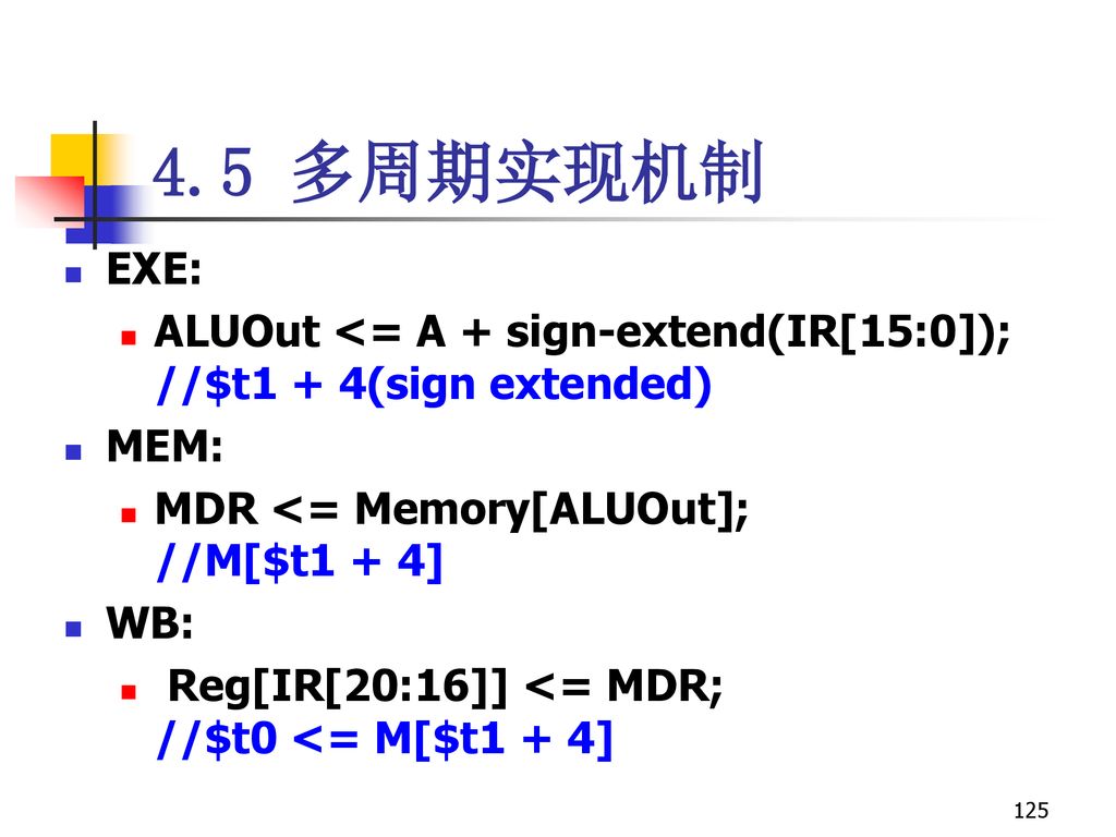 4.5 多周期实现机制 EXE: ALUOut <= A + sign-extend(IR[15:0]); //$t1 + 4(sign extended) MEM: MDR <= Memory[ALUOut]; //M[$t1 + 4]