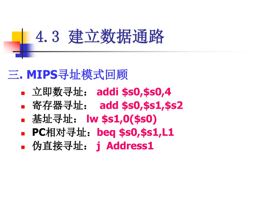 4.3 建立数据通路 三. MIPS寻址模式回顾 立即数寻址： addi $s0,$s0,4 寄存器寻址： add $s0,$s1,$s2