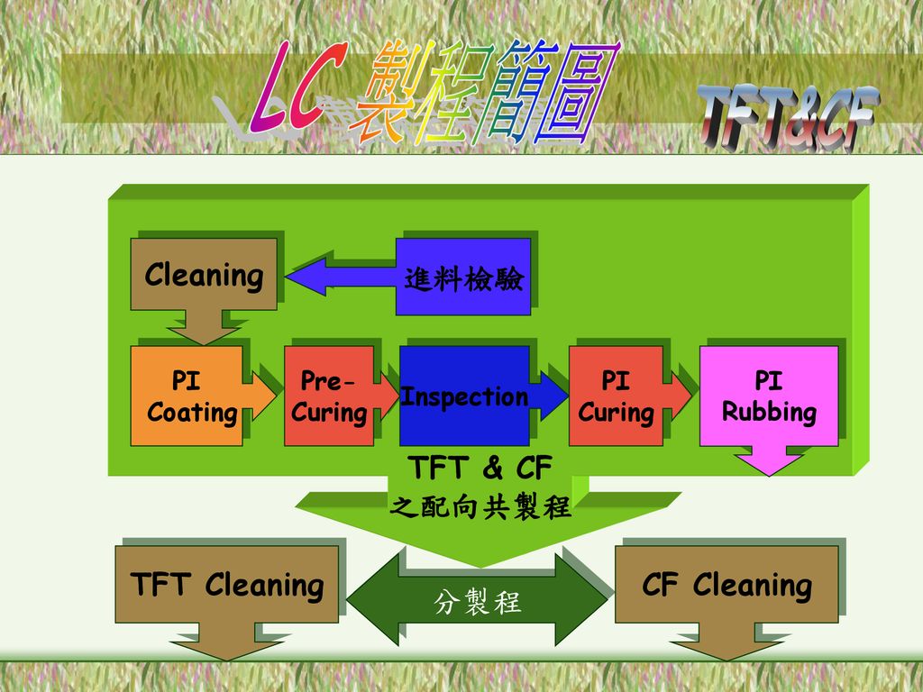 LC 製程簡圖 TFT&CF TFT & CF 之配向共製程 TFT Cleaning CF Cleaning 分製程 Cleaning