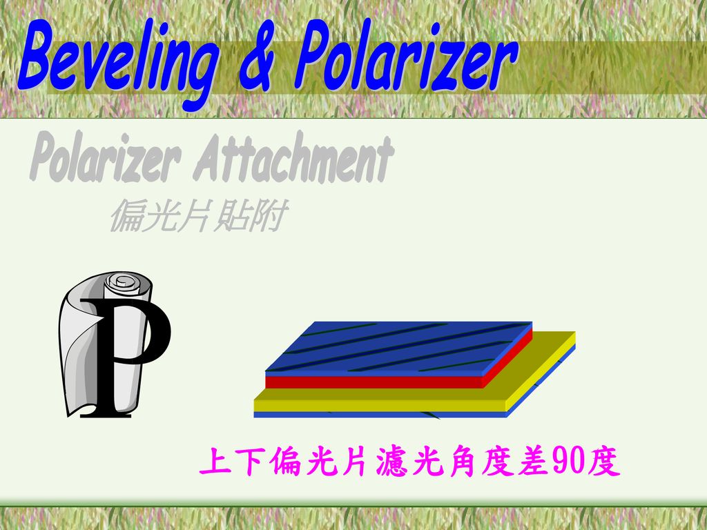 Beveling & Polarizer Polarizer Attachment 偏光片貼附 上下偏光片濾光角度差90度