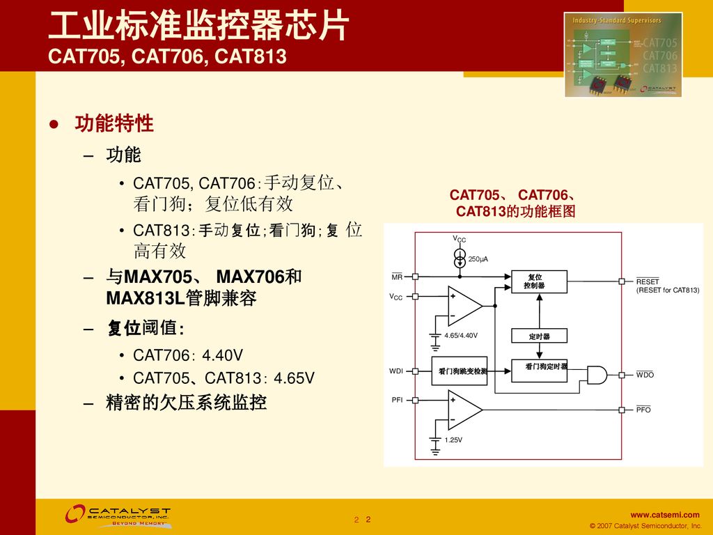 工业标准监控器芯片 CAT705, CAT706, CAT813 功能特性 功能 与MAX705、 MAX706和 MAX813L管脚兼容