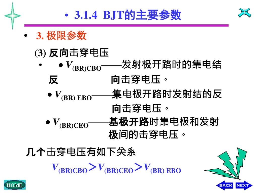 3.1.4 BJT的主要参数 3. 极限参数 (3) 反向击穿电压  V(BR)CBO——发射极开路时的集电结反 向击穿电压。