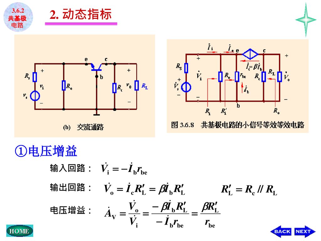 3.6.2 共基极电路 2. 动态指标 ①电压增益 输入回路： 输出回路： 电压增益：