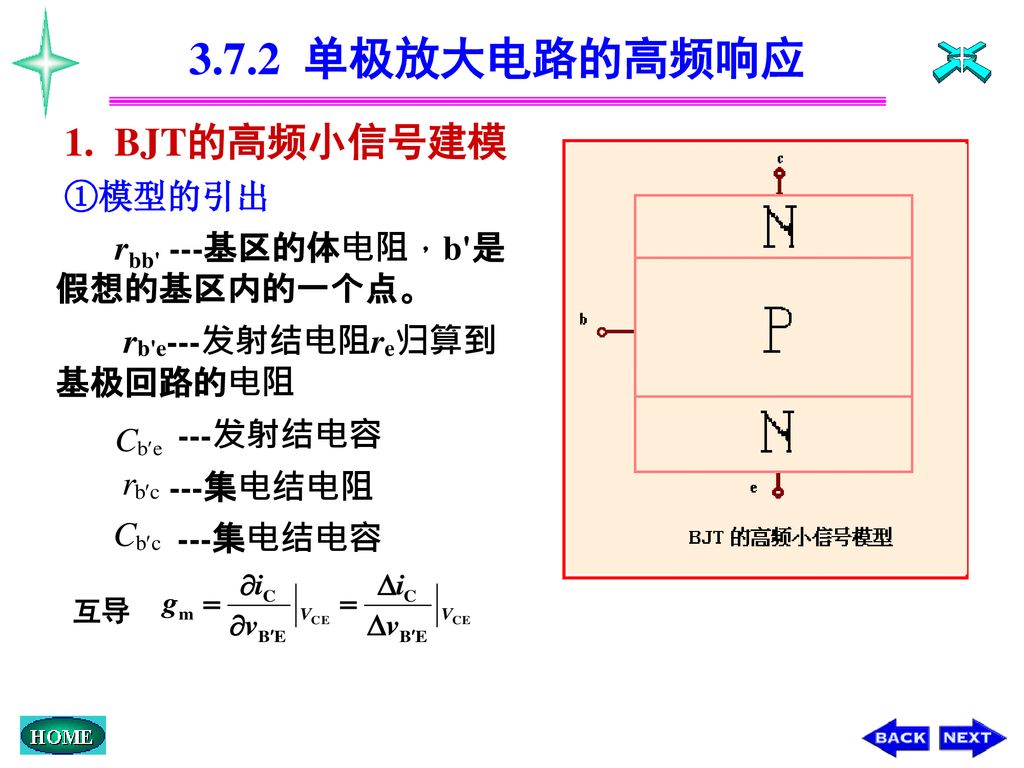 3.7.2 单极放大电路的高频响应 1. BJT的高频小信号建模 ①模型的引出 rbb ---基区的体电阻，b 是假想的基区内的一个点。