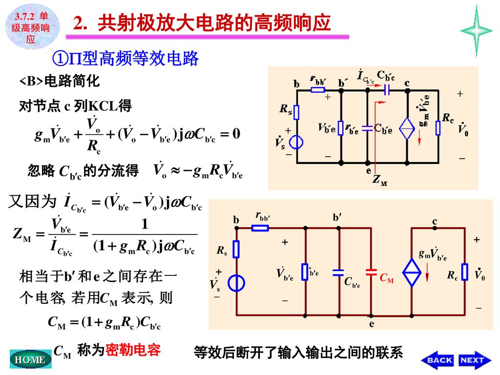 2. 共射极放大电路的高频响应 ①型高频等效电路 <B>电路简化 对节点 c 列KCL得 忽略 的分流得 称为密勒电容
