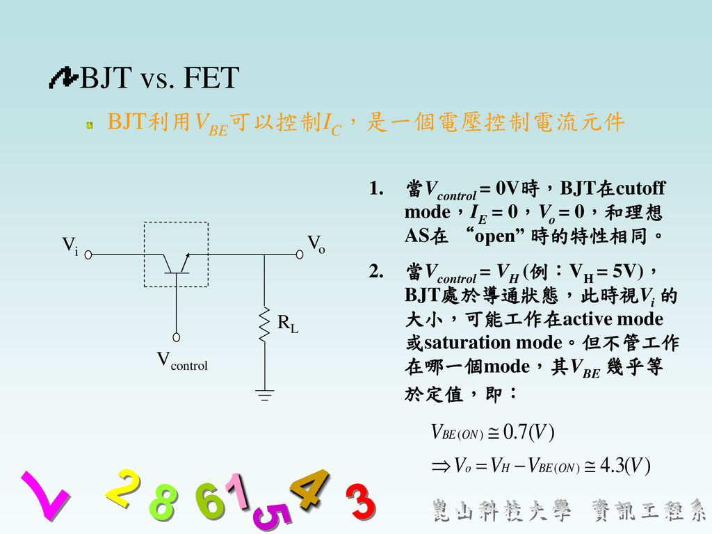 BJT vs. FET BJT利用VBE可以控制IC，是一個電壓控制電流元件