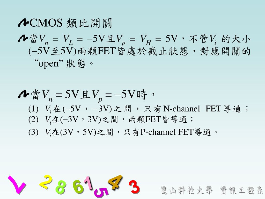 CMOS 類比開關 當Vn = 5V且Vp = 5V時，