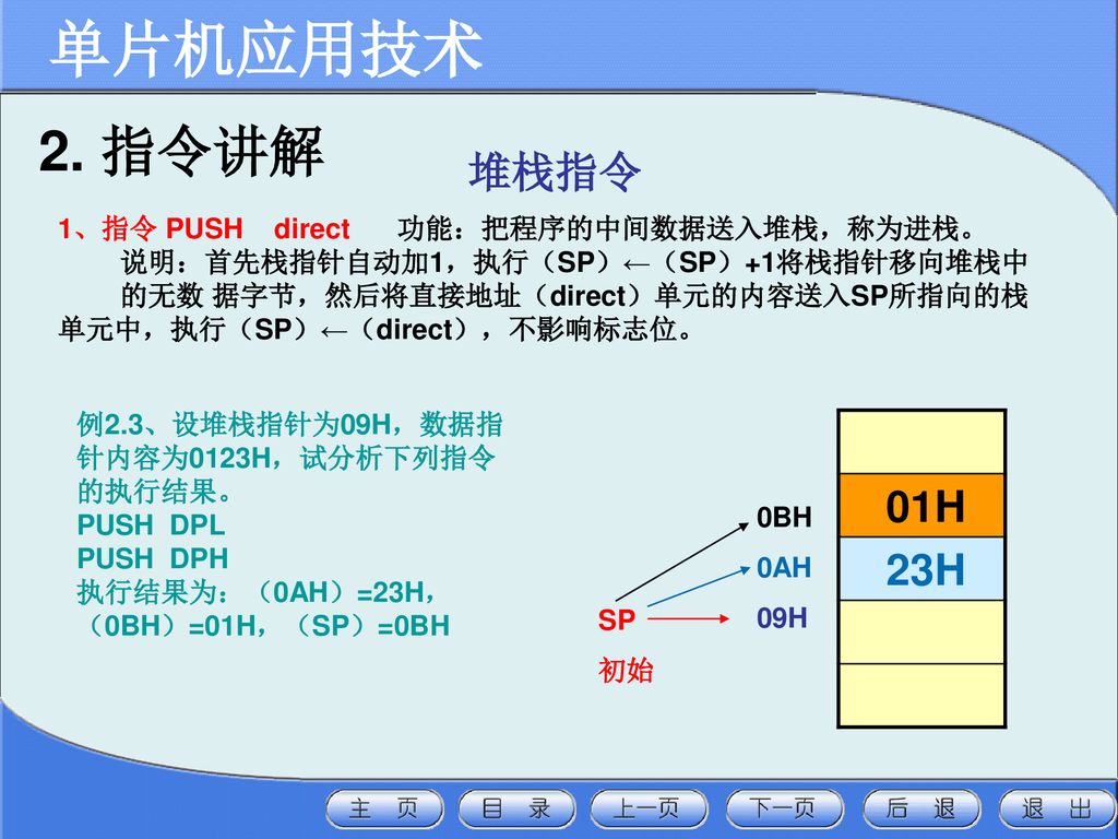 单片机应用技术 2. 指令讲解 堆栈指令 01H 23H 1、指令 PUSH direct 功能：把程序的中间数据送入堆栈，称为进栈。