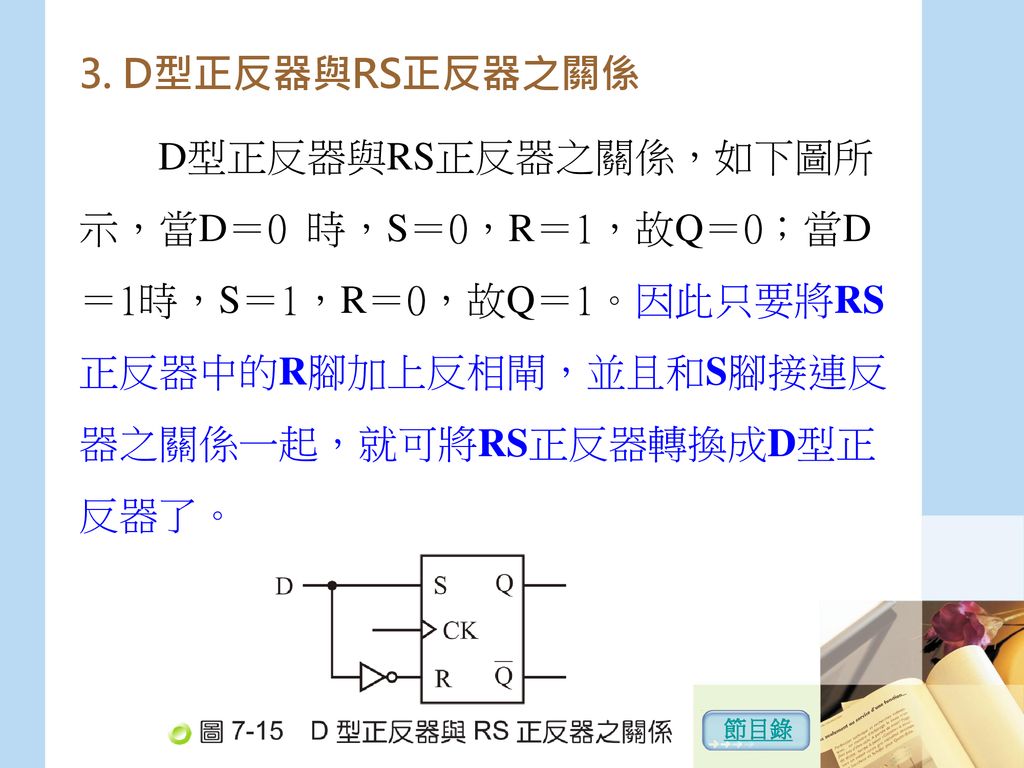 3. D型正反器與RS正反器之關係 D型正反器與RS正反器之關係，如下圖所示，當D＝0 時，S＝0，R＝1，故Q＝0；當D＝1時，S＝1，R＝0，故Q＝1。因此只要將RS正反器中的R腳加上反相閘，並且和S腳接連反器之關係一起，就可將RS正反器轉換成D型正反器了。