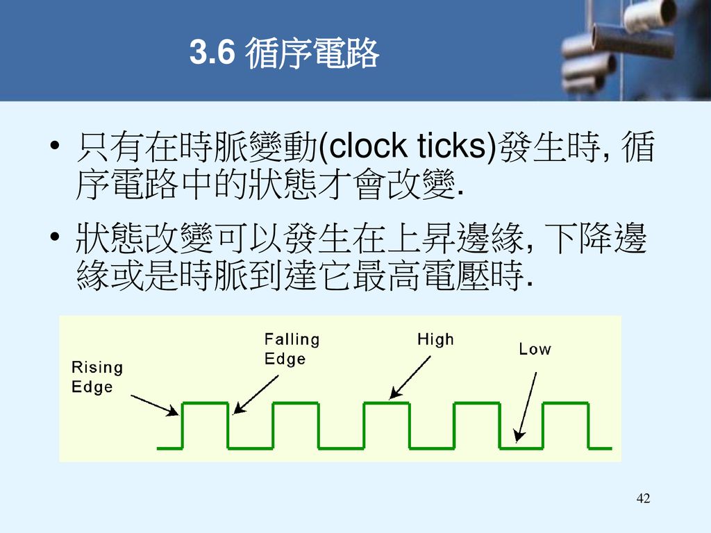 只有在時脈變動(clock ticks)發生時, 循序電路中的狀態才會改變.