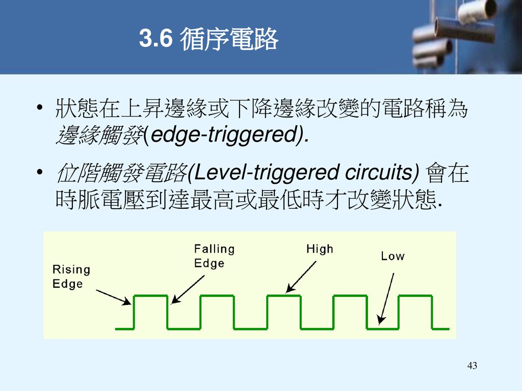 3.6 循序電路 狀態在上昇邊緣或下降邊緣改變的電路稱為邊緣觸發(edge-triggered).