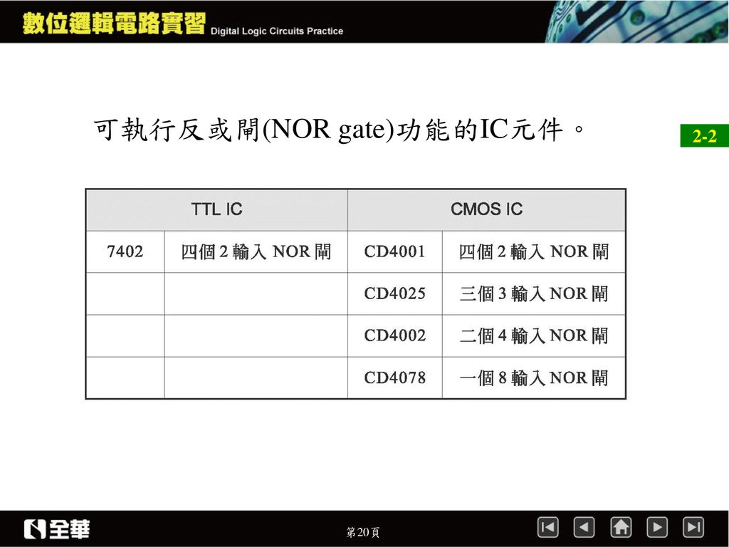 可執行反或閘(NOR gate)功能的IC元件。