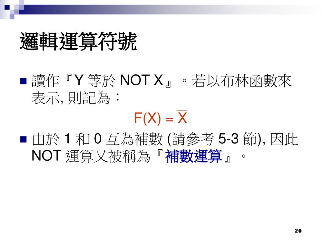 邏輯運算符號 讀作『Y 等於 NOT X』。若以布林函數來表示, 則記為： F(X) = X