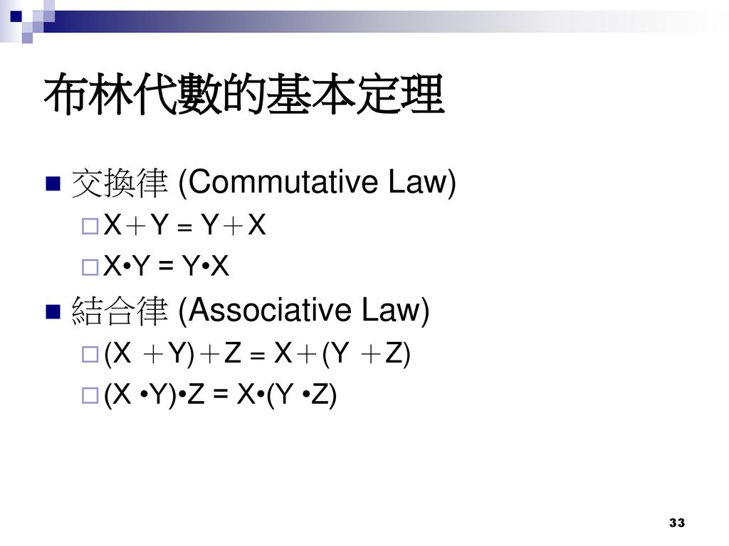 布林代數的基本定理 交換律 (Commutative Law) 結合律 (Associative Law) X＋Y = Y＋X