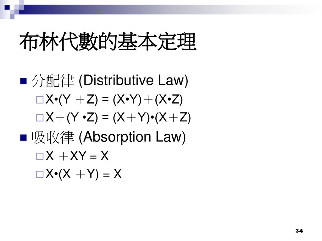 布林代數的基本定理 分配律 (Distributive Law) 吸收律 (Absorption Law)