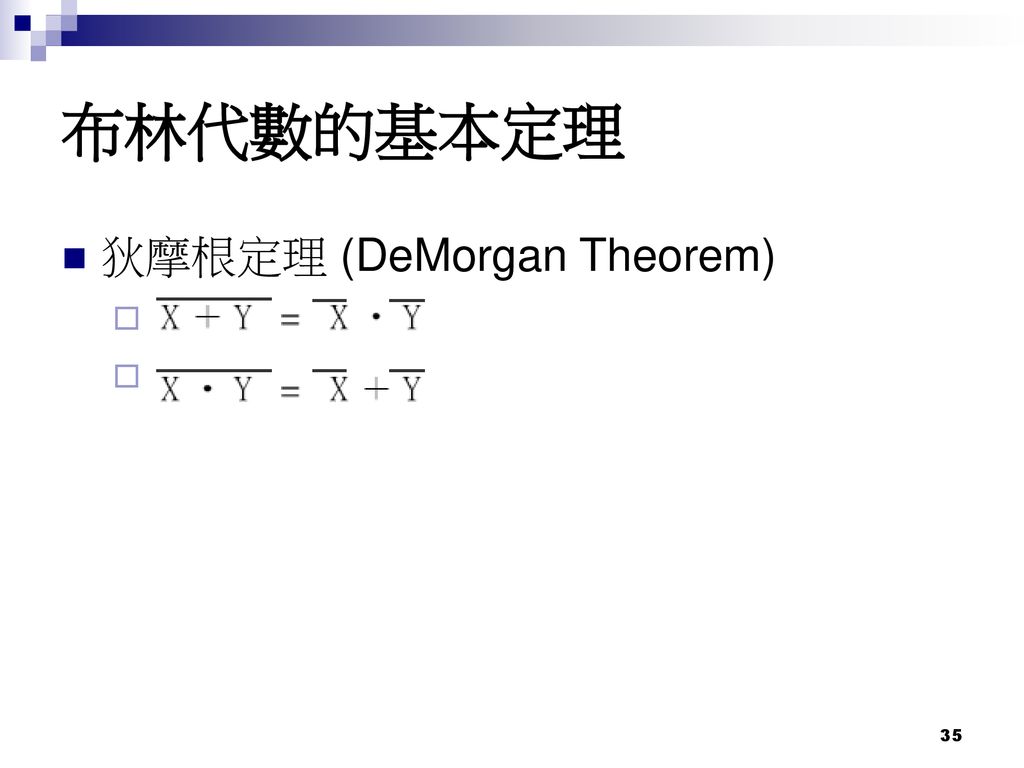 布林代數的基本定理 狄摩根定理 (DeMorgan Theorem) 1