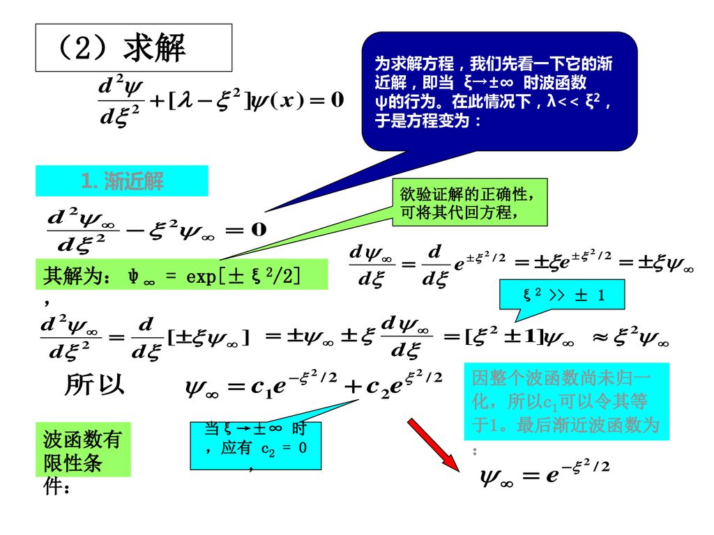 （2）求解 1. 渐近解 其解为：ψ∞ = exp[±ξ2/2]， 波函数有限性条件：