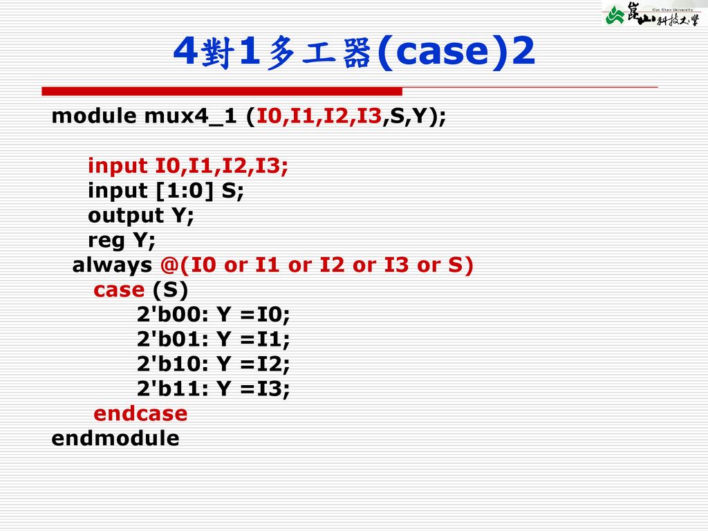 4對1多工器(case)2 module mux4_1 (I0,I1,I2,I3,S,Y); input I0,I1,I2,I3;