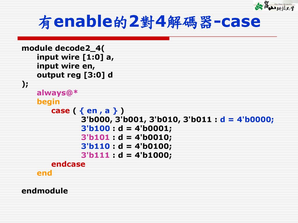 有enable的2對4解碼器-case module decode2_4( input wire [1:0] a,