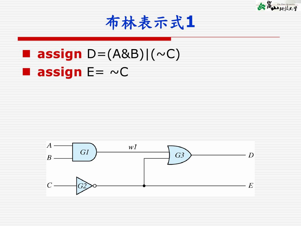 布林表示式1 assign D=(A&B)|(~C) assign E= ~C