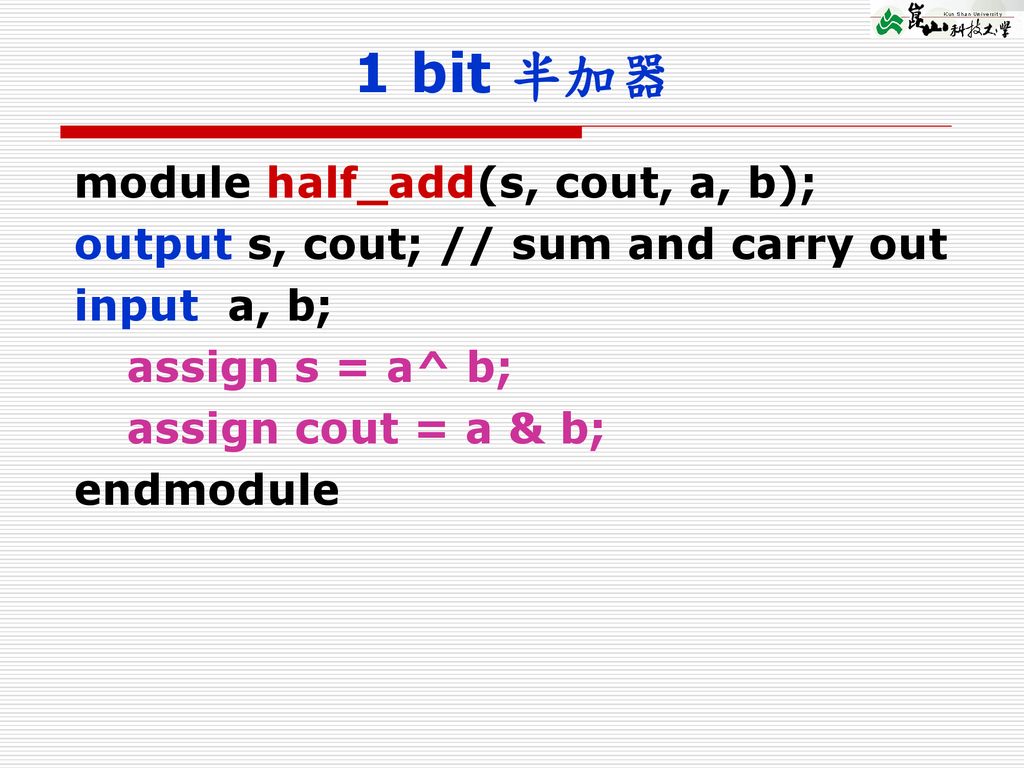 1 bit 半加器 module half_add(s, cout, a, b);