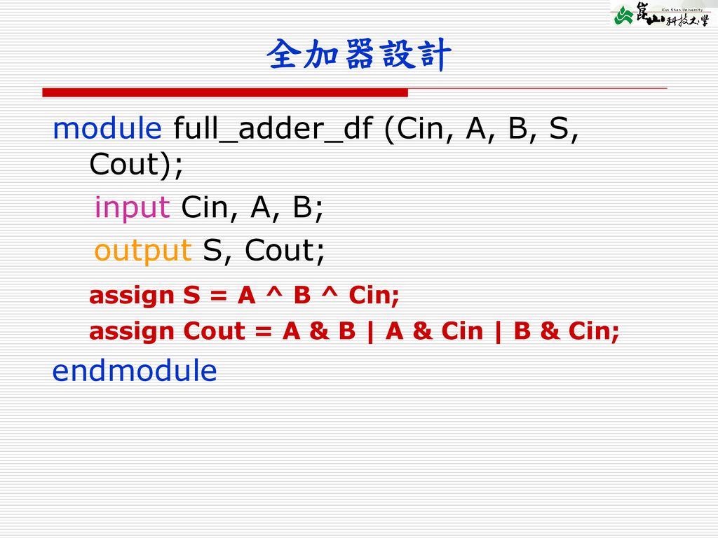 全加器設計 module full_adder_df (Cin, A, B, S, Cout); input Cin, A, B;