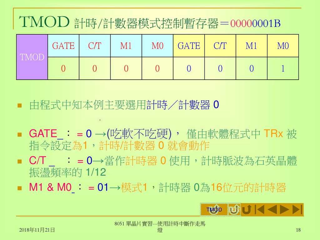 TMOD 計時/計數器模式控制暫存器＝ B 由程式中知本例主要選用計時／計數器 0