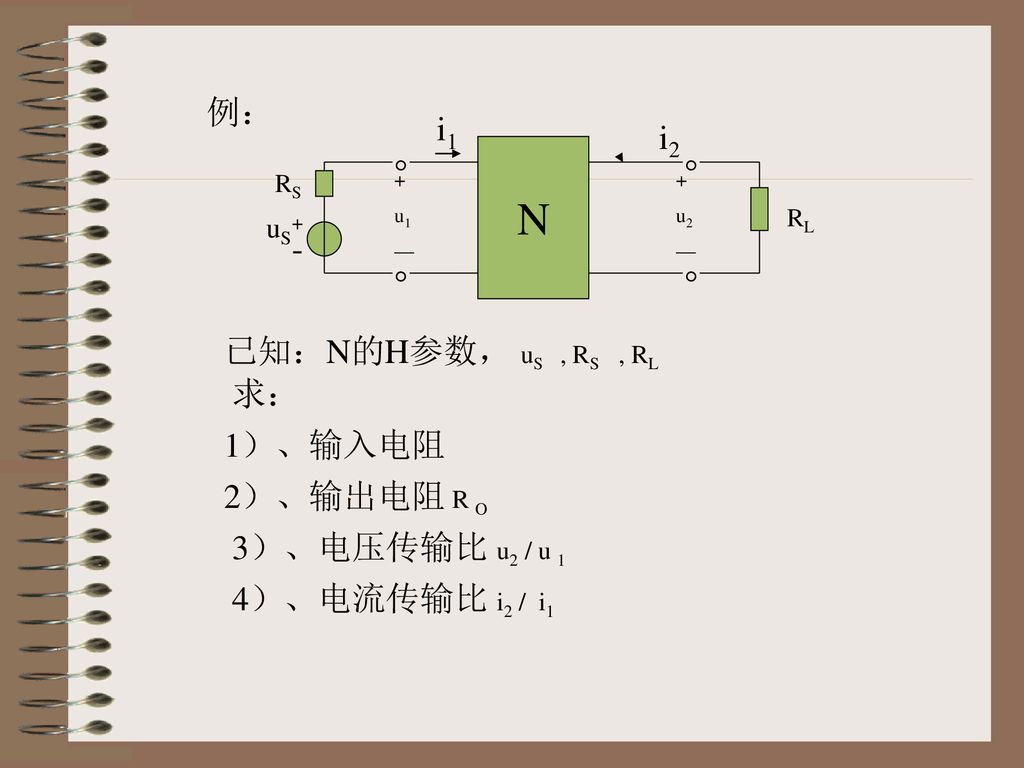 N 例： i1 i2   -   已知：N的H参数， uS , RS , RL 求： 1）、输入电阻 2）、输出电阻 R O