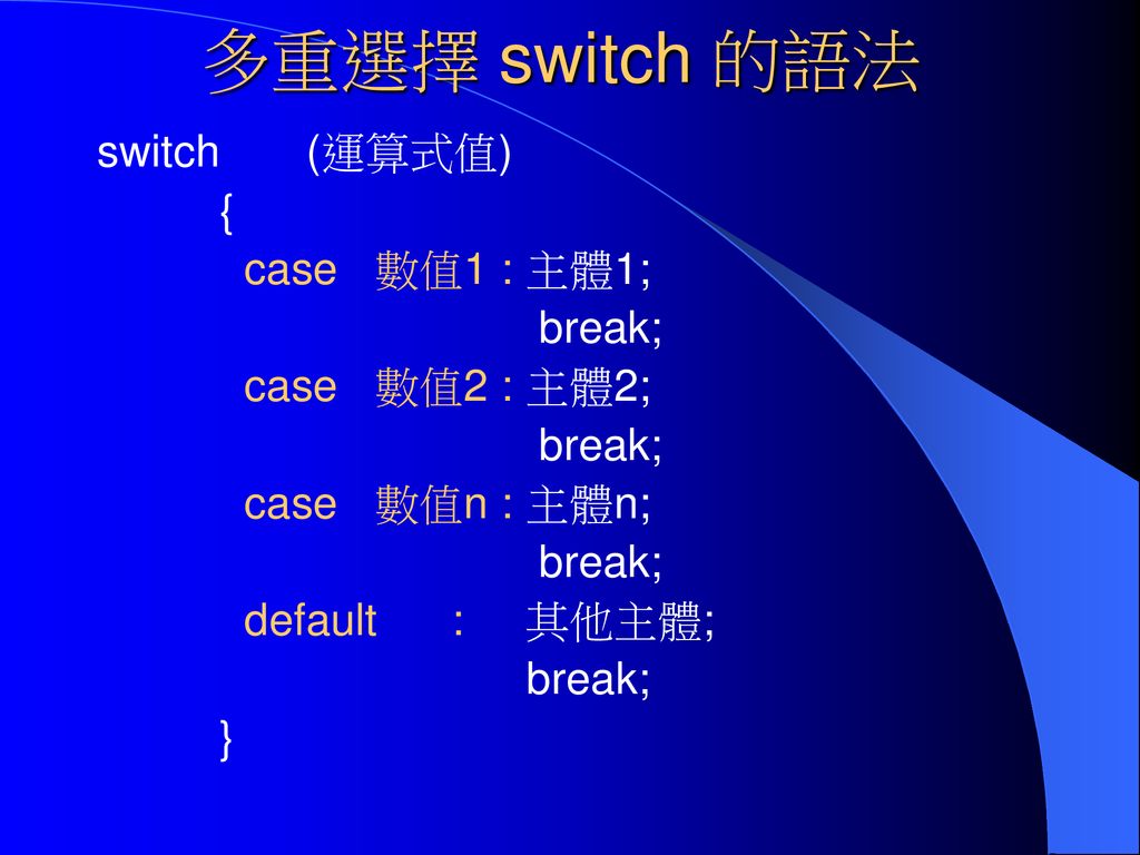 多重選擇 switch 的語法 switch (運算式值) { case 數值1 : 主體1; break; case 數值2 : 主體2;