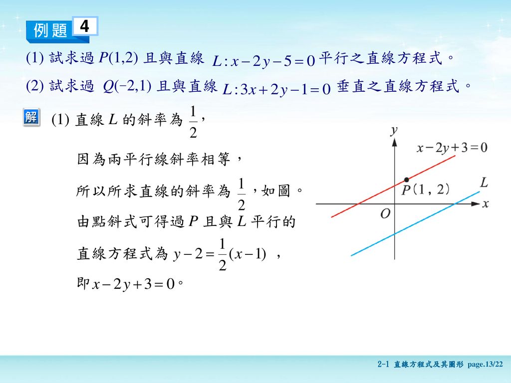 4 (1) 試求過 P(1,2) 且與直線 平行之直線方程式。 (2) 試求過 Q(-2,1) 且與直線 垂直之直線方程式。