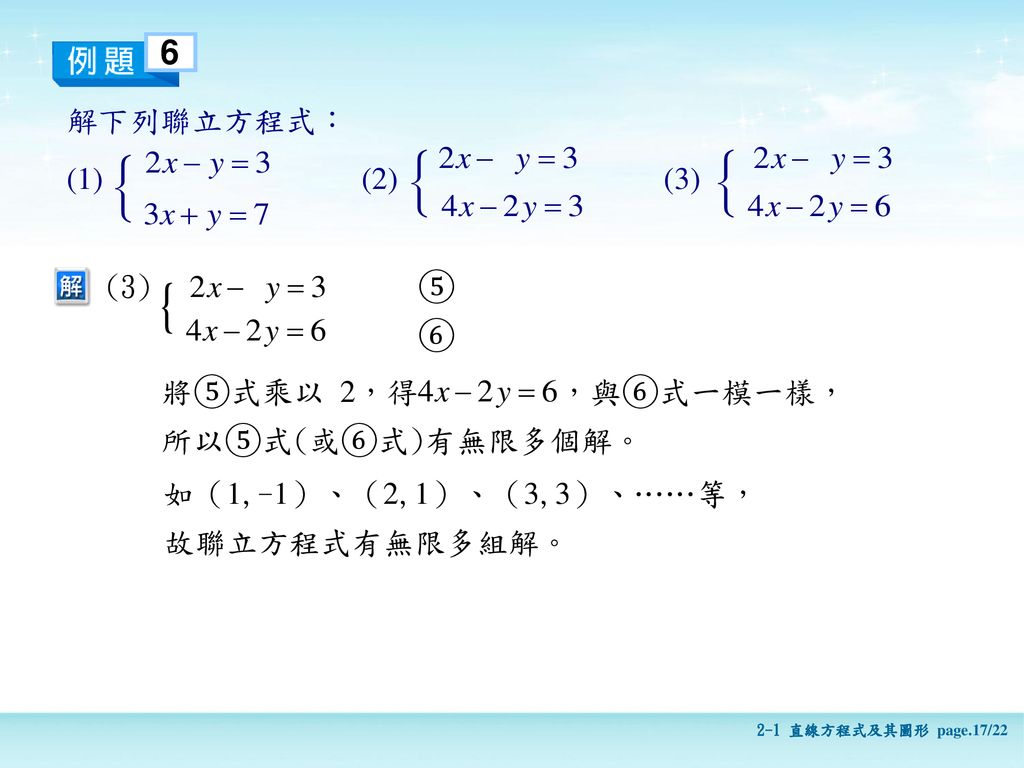 6 解下列聯立方程式： (2) (3) (3) ⑤ ⑥ 將⑤式乘以 2，得 ，與⑥式一模一樣， 所以⑤式(或⑥式)有無限多個解。