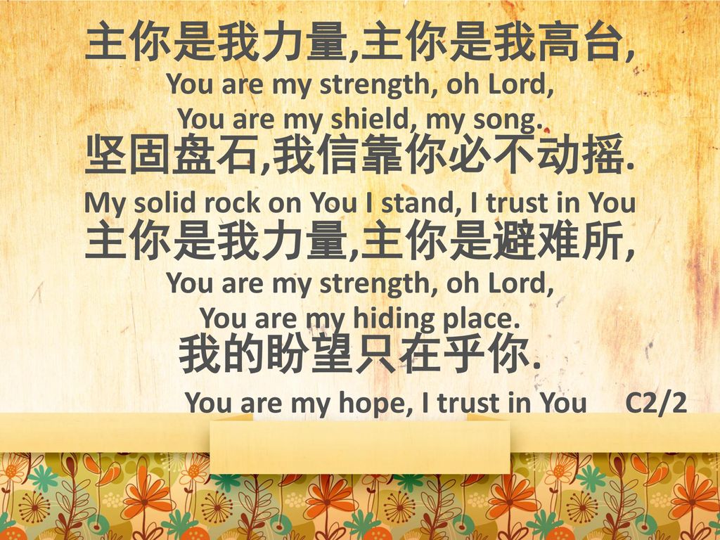 主你是我力量,主你是我高台, 坚固盘石,我信靠你必不动摇. 我的盼望只在乎你.
